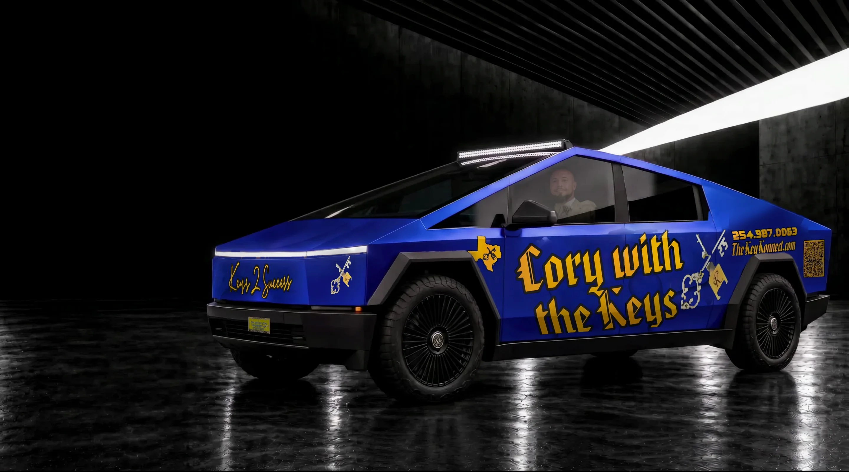 AI-created scene of Cory in his tan suit holding keys out the window of his royal blue Cory with the Keys Cybertruck
