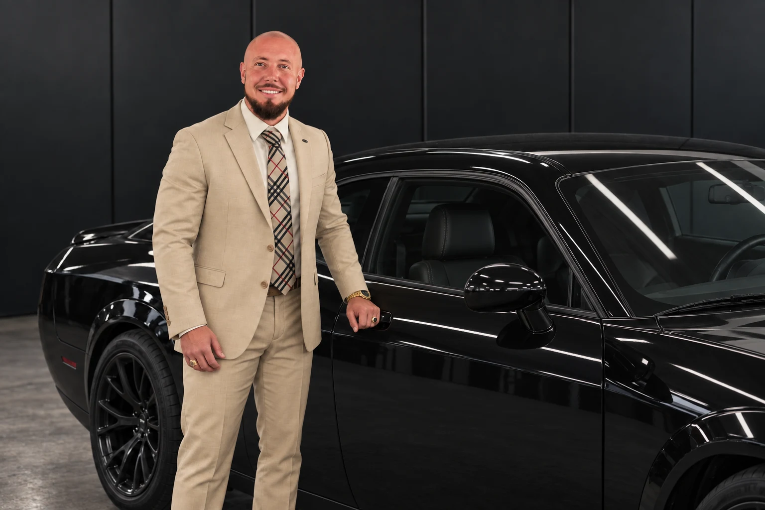 Cory with the Keys beside a black car in an AI-created studio scene