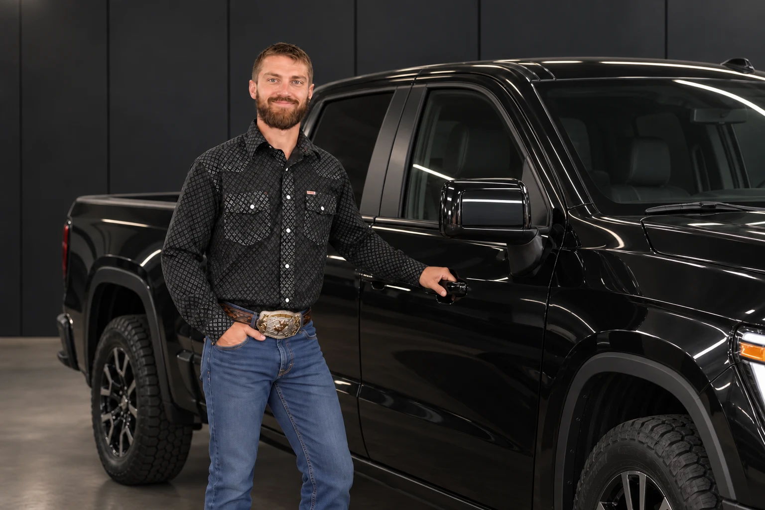 Done Deal Devin Gill beside a black car in an AI-created studio scene