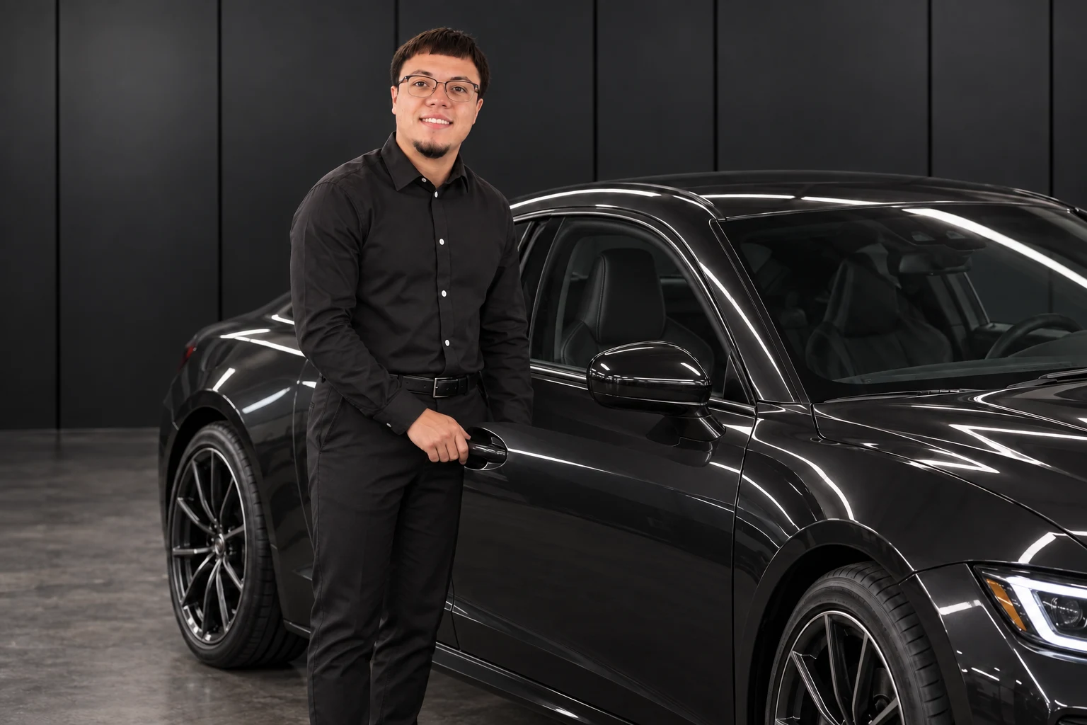 Drive Today Jay beside a black car in an AI-created studio scene