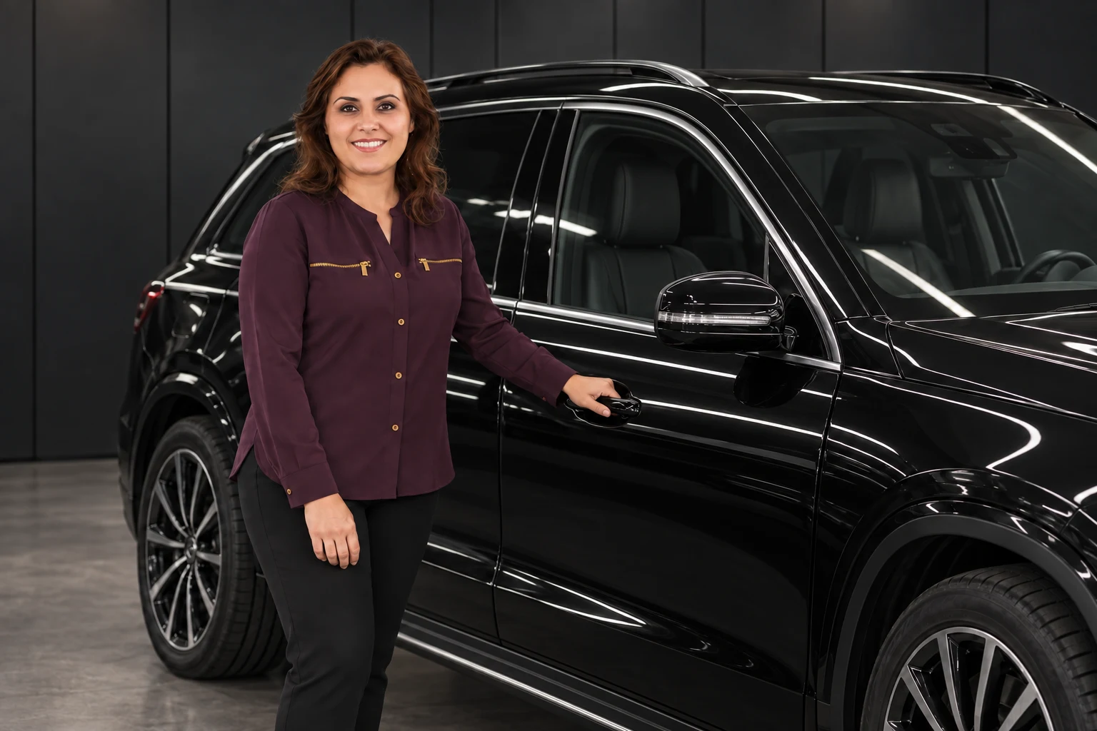 Ms. Wanda beside a black car in an AI-created studio scene